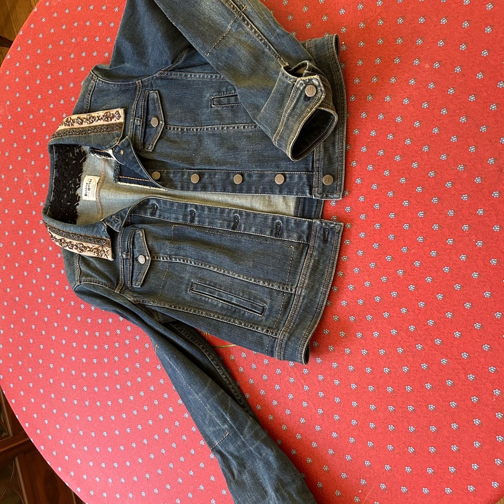 Anthropologie HOLDING HORSES Blue Jean Jacket with jewelry embroidery